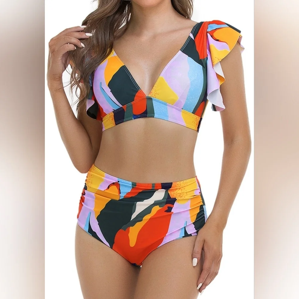 New with tags! Missky Womens XL colorful ruffle shoulder bikini swim suit